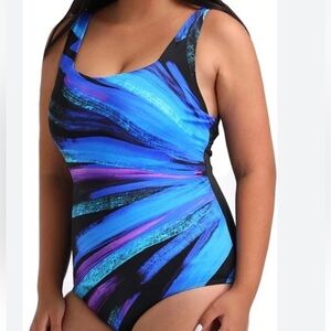 Swimsuits for All Chlorine Resistant Square Neck Tank One Piece Blue Starburst